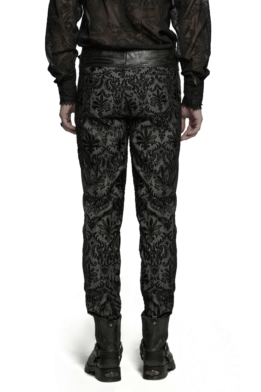 Back view of Goth embroidered lace pants with adjustable waist strap, showcasing intricate lace design and tailored fit.