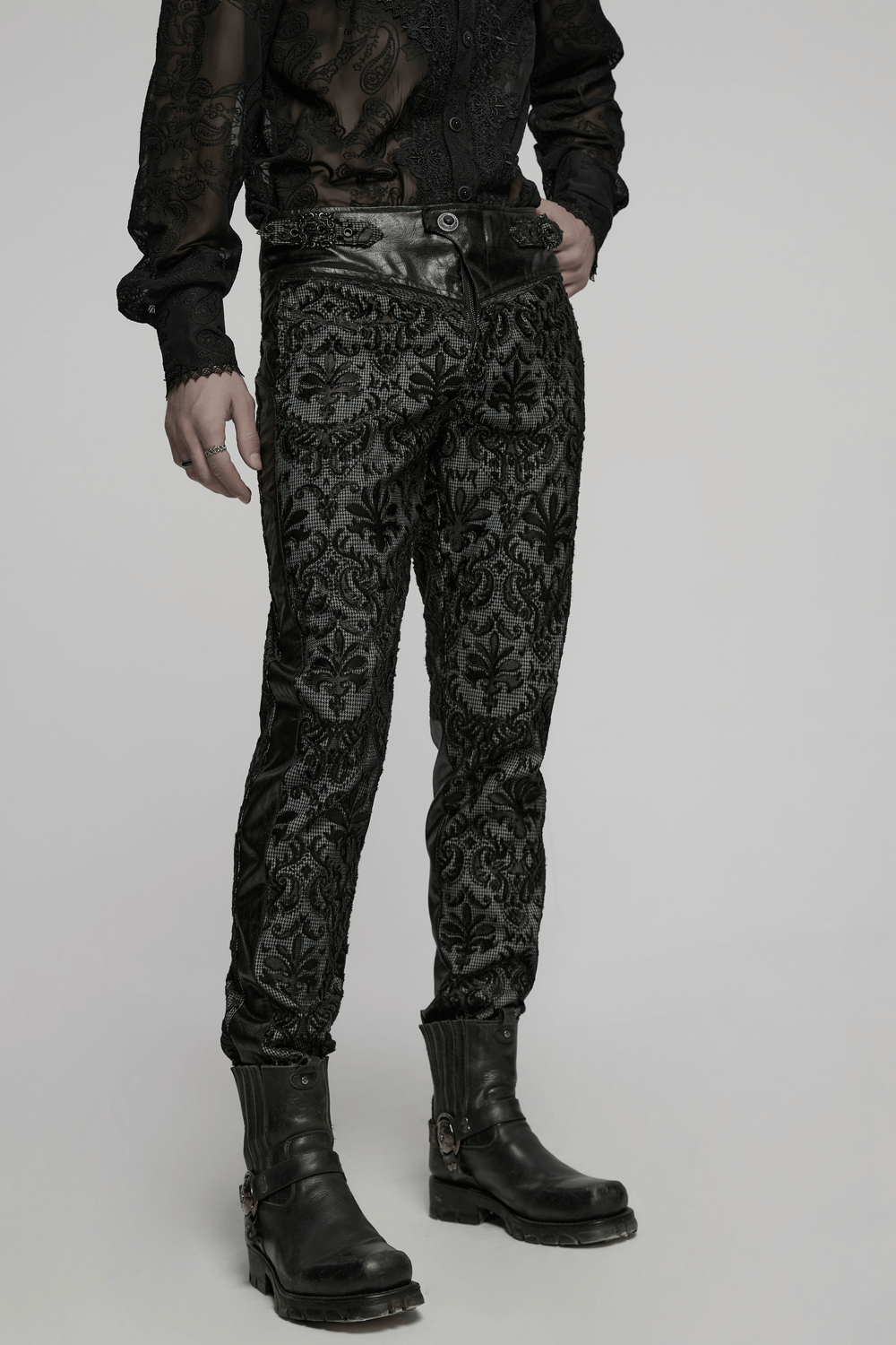 Goth embroidered lace pants with adjustable waist strap and stylish back pockets, perfect for edgy fashion lovers.