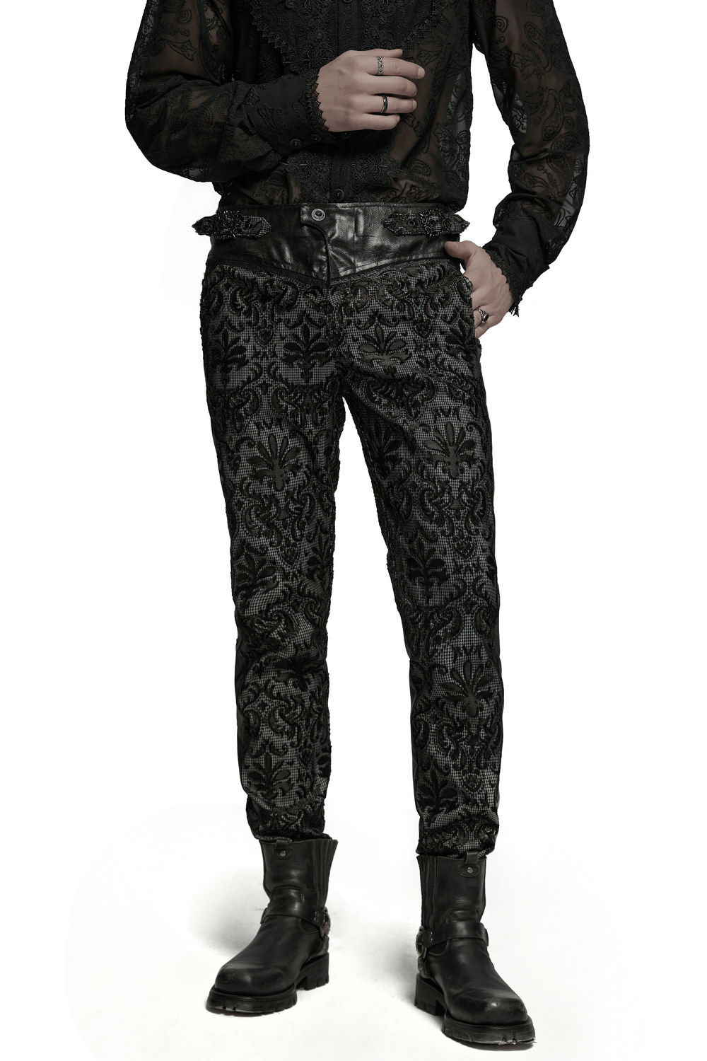 Goth embroidered lace pants with adjustable waist strap and stylish silhouette, featuring practical back pockets.