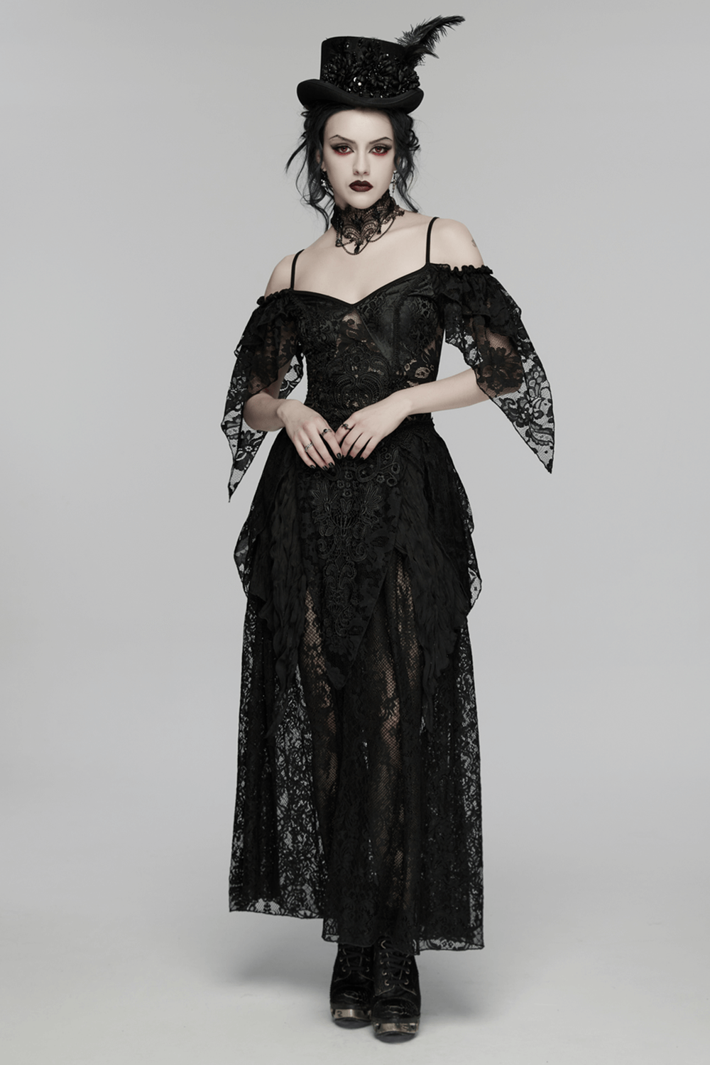 Goth Feather Floral Top Hat for Victorian Steampunk worn with a stunning black lace gown and stylish accessories.