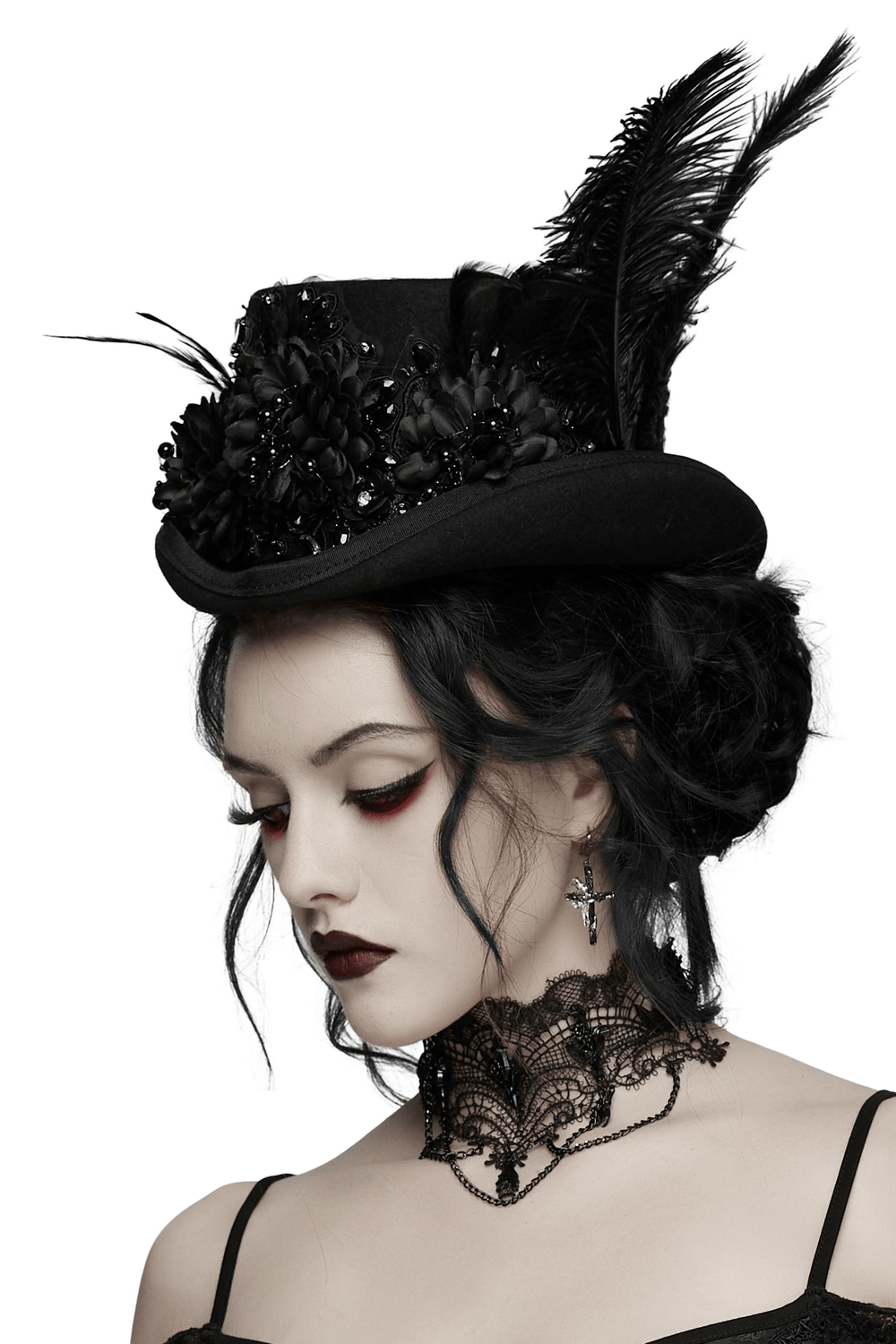 Goth Feather Floral Top Hat for Victorian Steampunk worn by a gothic model with dark makeup and accessories.