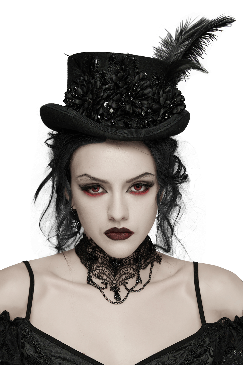 Goth Feather Floral Top Hat for Victorian Steampunk worn by a model, featuring feathers and 3D florals.