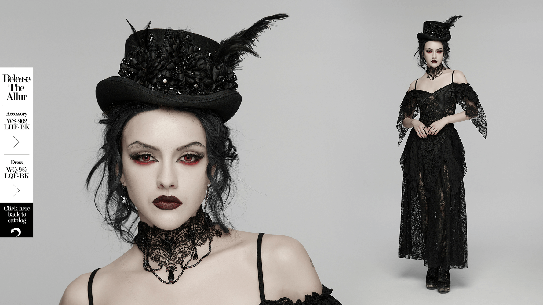 Goth Feather Floral Top Hat for Victorian Steampunk worn by a model in elegant black attire with a dramatic look.