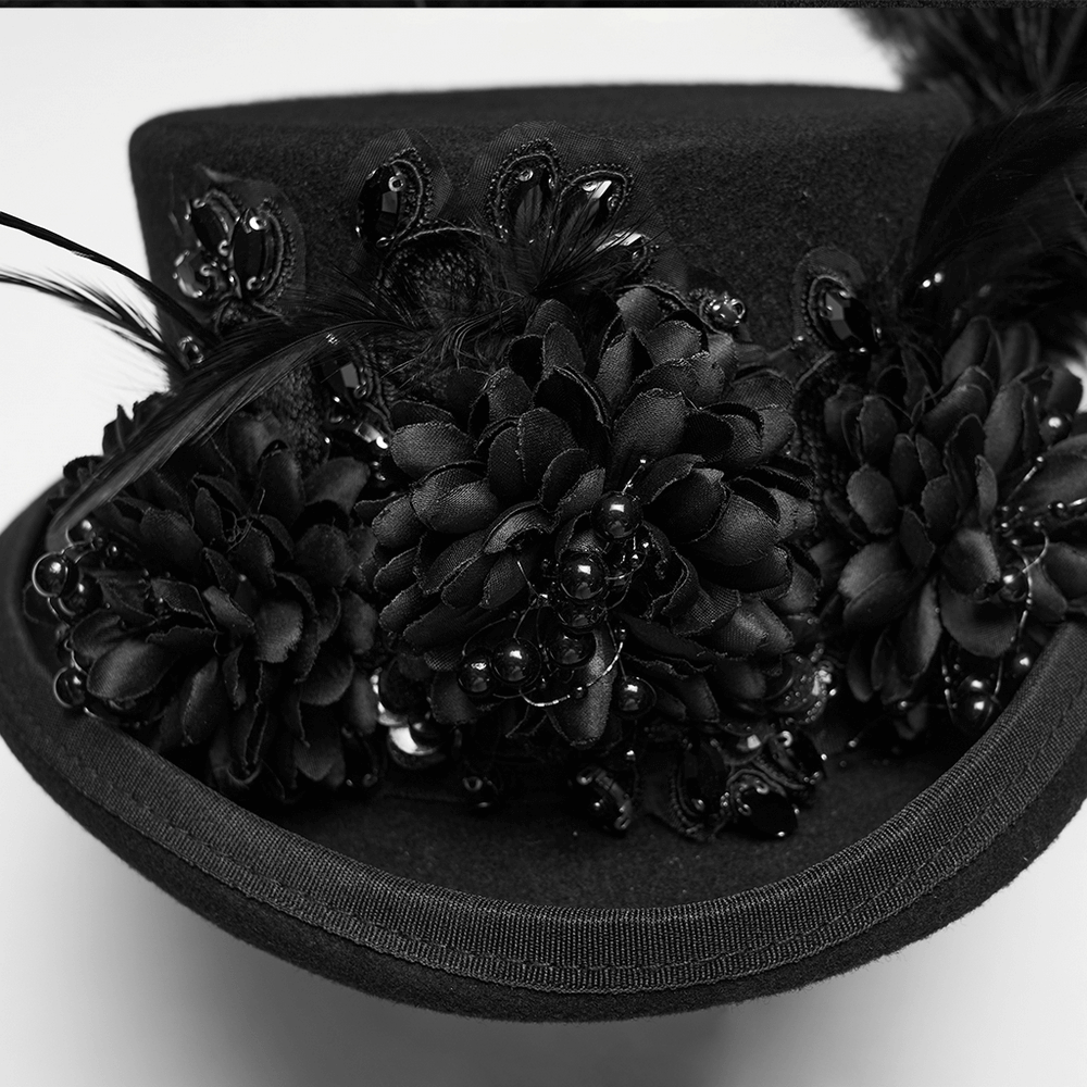 Goth Feather Floral Top Hat for Victorian Steampunk with black flowers and feathers, elegant gothic accessory.