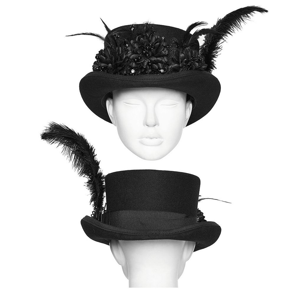 Goth Feather Floral Top Hat for Victorian Steampunk showcasing 3D petal trim and dramatic feathers.