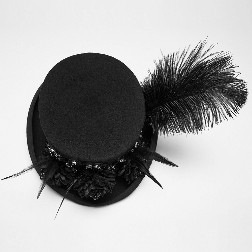 Goth Feather Floral Top Hat for Victorian Steampunk featuring 3D petal trim and dramatic feathers.