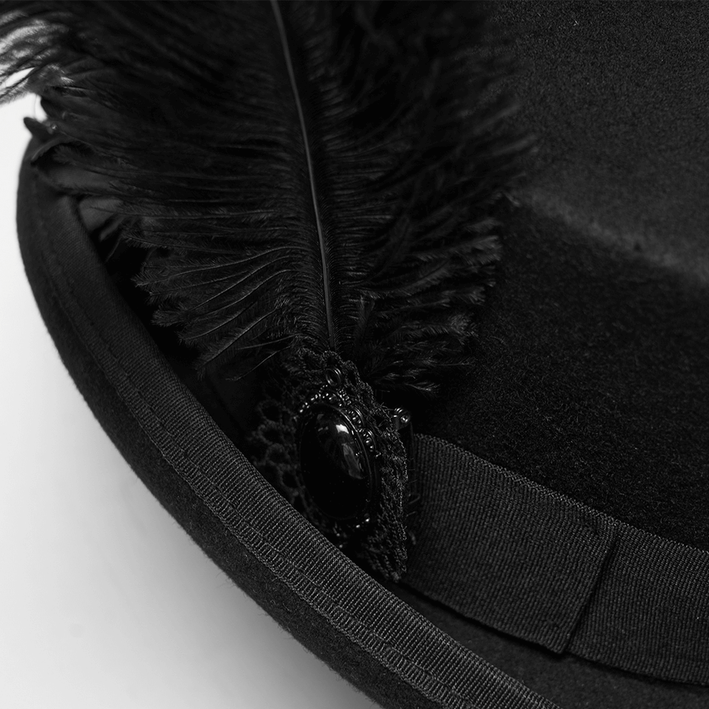 Goth Feather Floral Top Hat for Victorian Steampunk with dramatic feathers and 3D petal trim in black.
