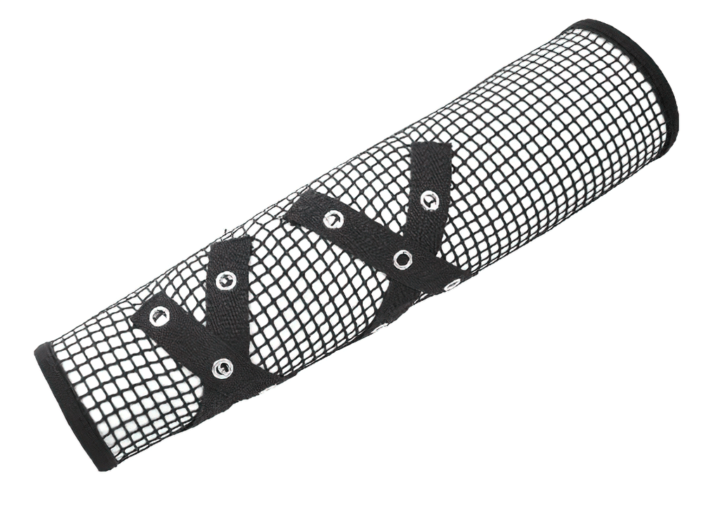 Goth Fishnet Arm Warmers with Strap and Grommets showcasing unique design and striking aesthetic for edgy outfits.