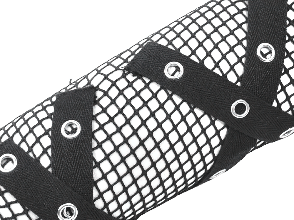 Goth Fishnet Arm Warmers with Strap and Grommets close-up showcasing intricate design and edgy details.