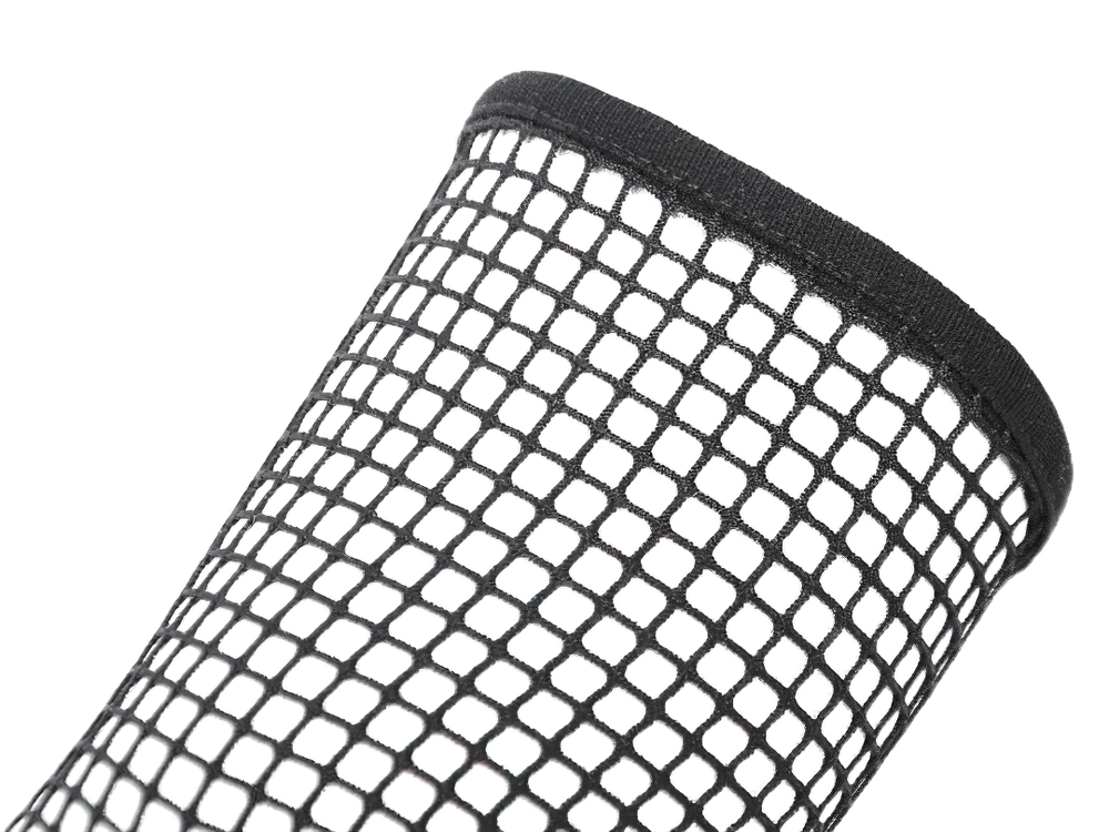 Goth Fishnet Arm Warmers with Strap and Grommets showcasing intricate netting design.