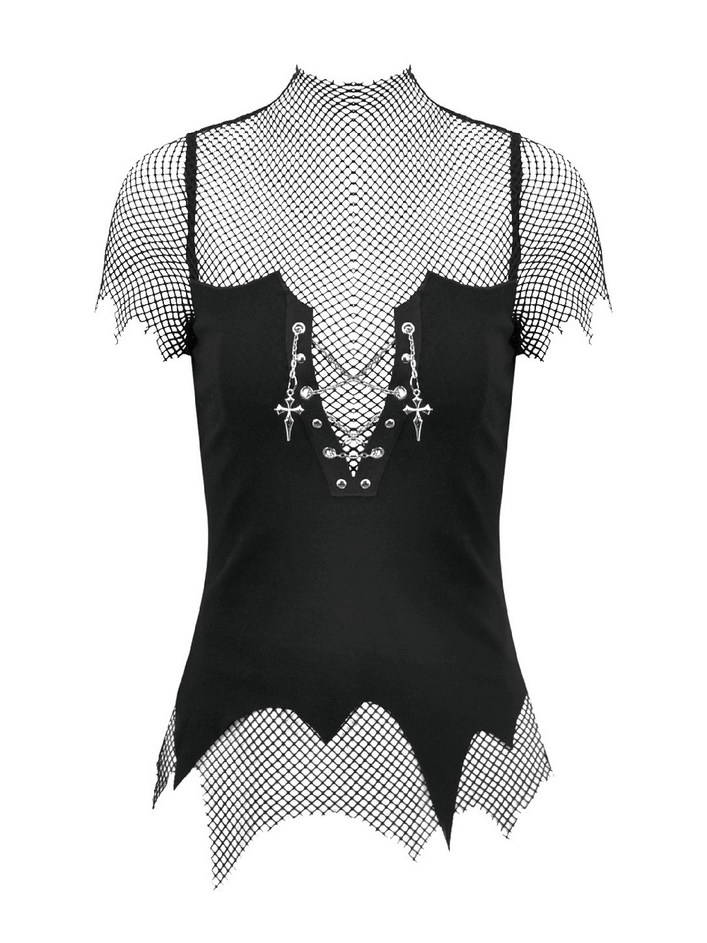 Goth Fishnet Lace-Up Cami Top with Cross Charms featuring a fishnet mock neck and grommet details.