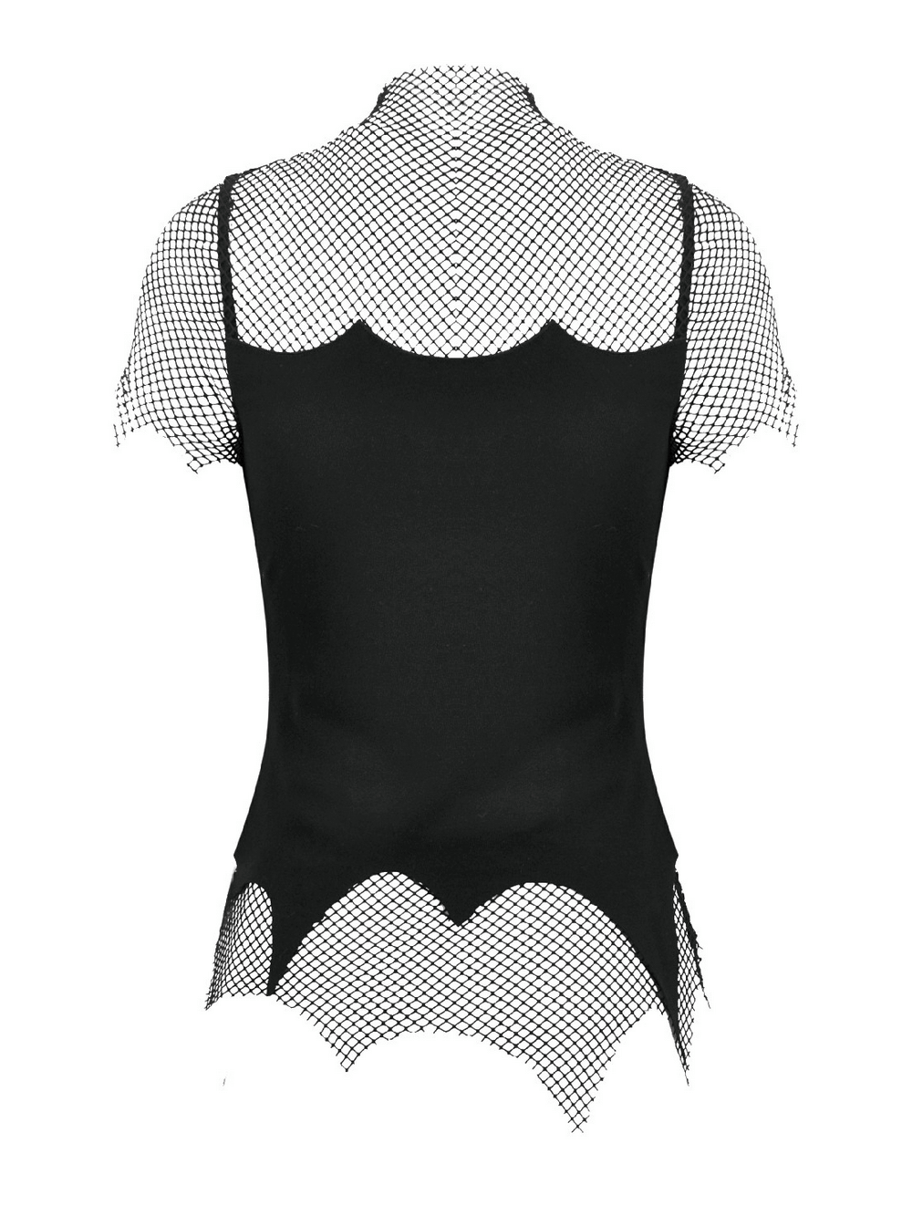 Goth Fishnet Lace-Up Cami Top with Cross Charms showcasing a mesh back and scalloped fishnet edges.