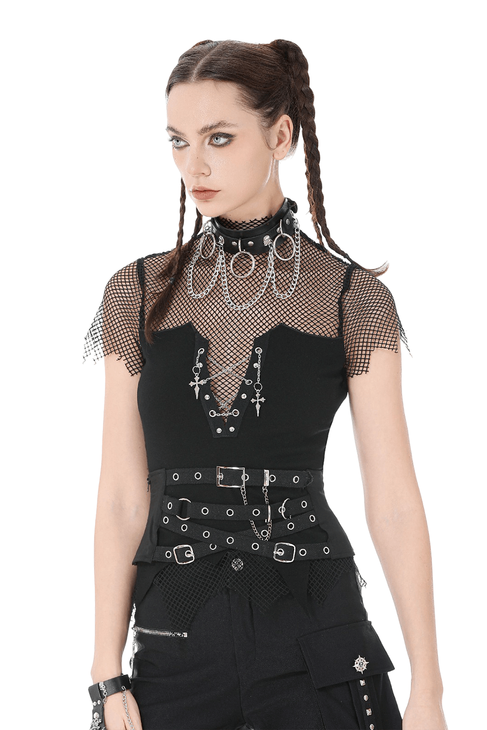 Goth Fishnet Lace-Up Cami Top with Cross Charms featuring a stylish mesh mock neck and trendy grommets.