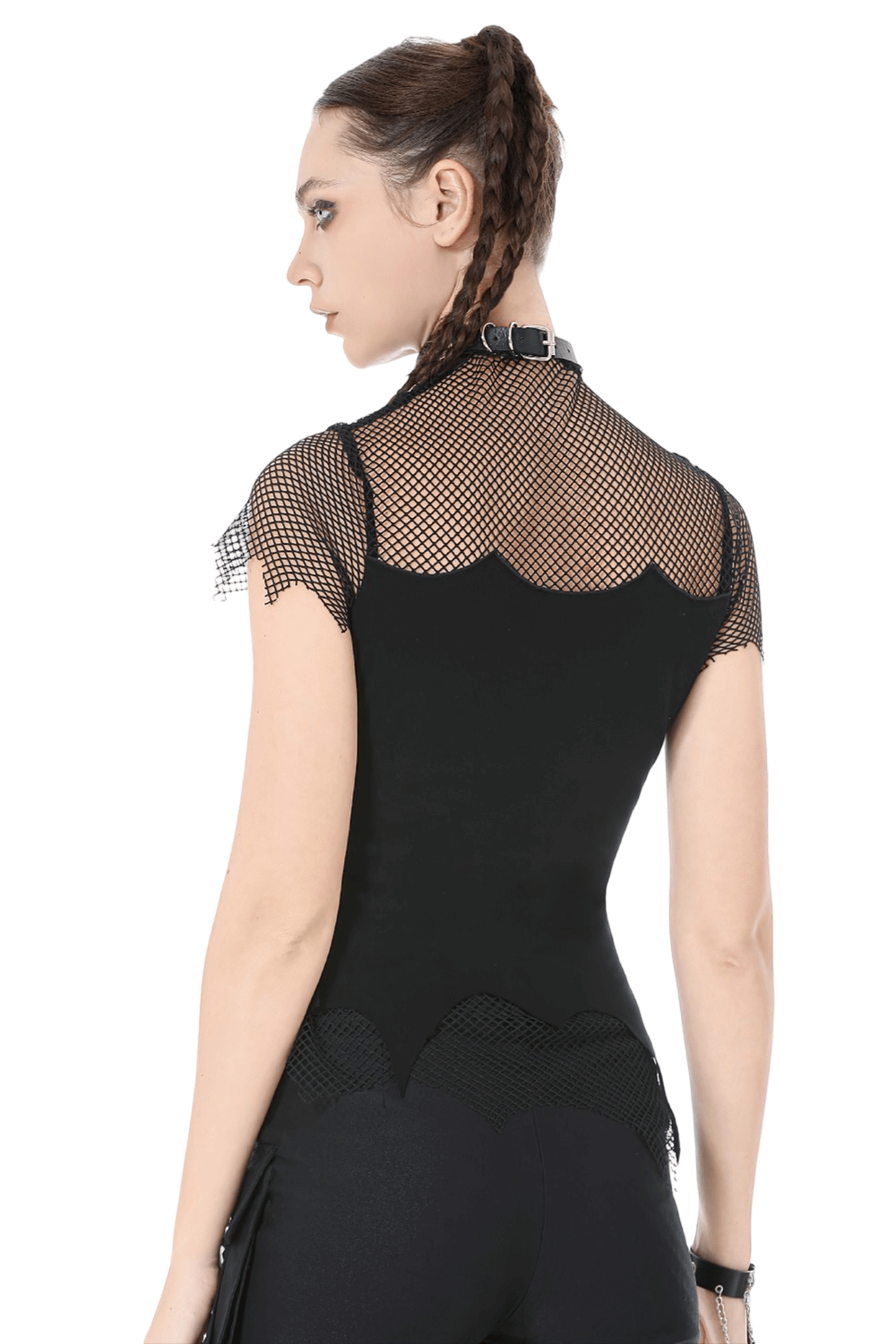 Goth Fishnet Lace-Up Cami Top with Cross Charms showcasing a fitted design and fishnet cap sleeves.