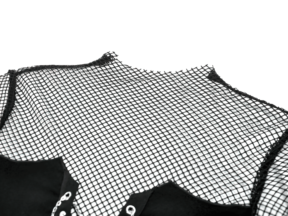 Goth Fishnet Lace-Up Cami Top with Cross Charms featuring a fishnet mock neck and cap sleeves