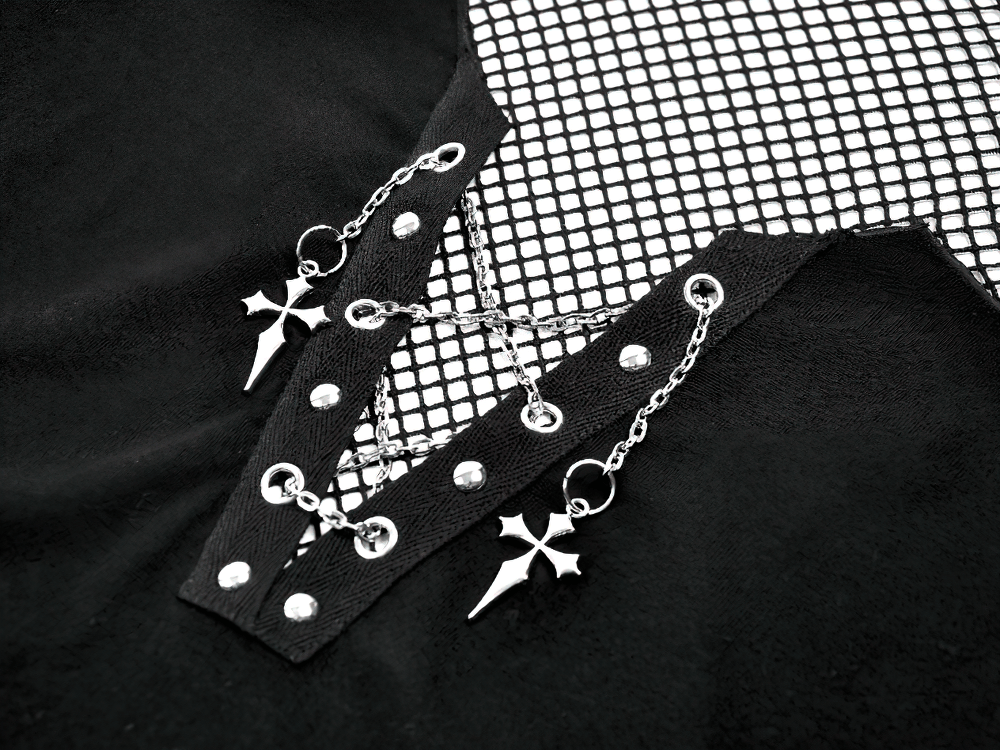 Goth Fishnet Lace-Up Cami Top with Cross Charms featuring lace-up V-front and cross charm chains.