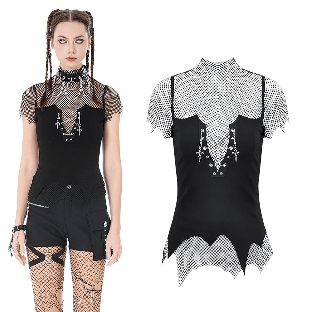 Goth Fishnet Lace-Up Cami Top with Cross Charms showcasing fishnet mock neck and lace-up details.