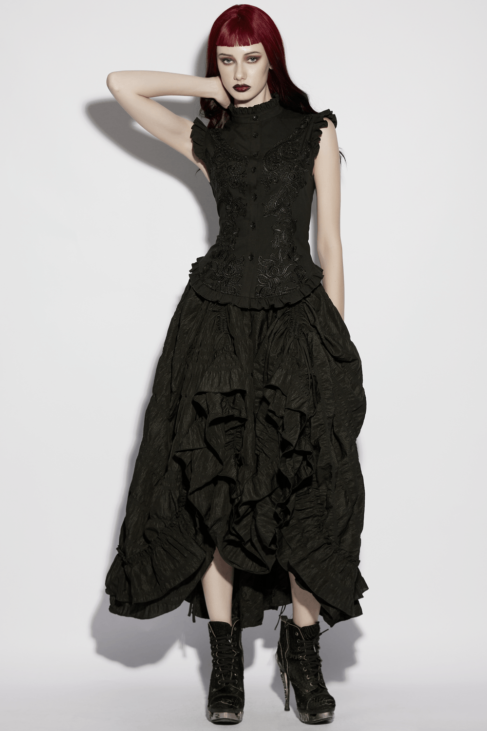 Alt Tag: Goth Flying Shoulder Shirt with Lace and Corset Back black gothic lace ruffle top with corset back, dark romance outfit