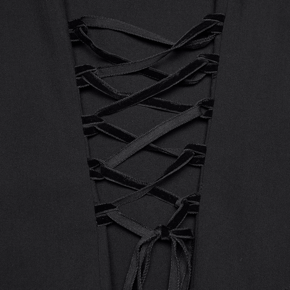 Alt Tag: Goth Flying Shoulder Shirt with Lace and Corset Back lace-up corset back detail in black gothic fabric
