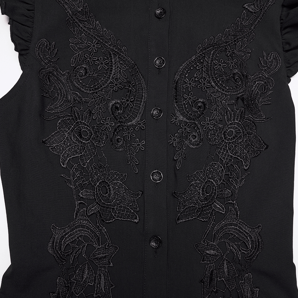 Alt Tag: Goth Flying Shoulder Shirt with Lace and Corset Back black gothic shirt front, ornate lace decals, button placket, dark romance vibes