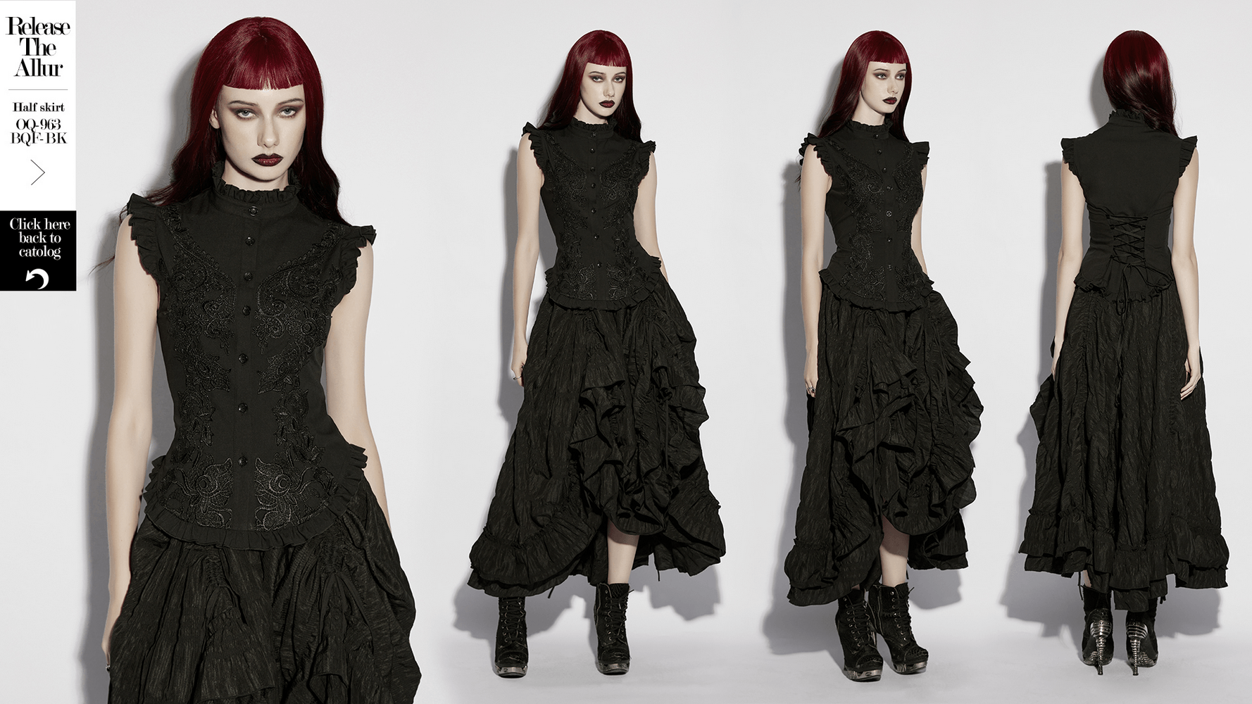 Alt Tag: Goth Flying Shoulder Shirt with Lace and Corset Back black gothic lace ruffle top with corset lace-up back, stand collar, dark romance fit