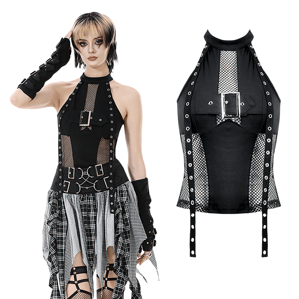 Goth Halter Crop Top with Mesh Panels and Buckle styled with punk accessories for a bold, edgy look.