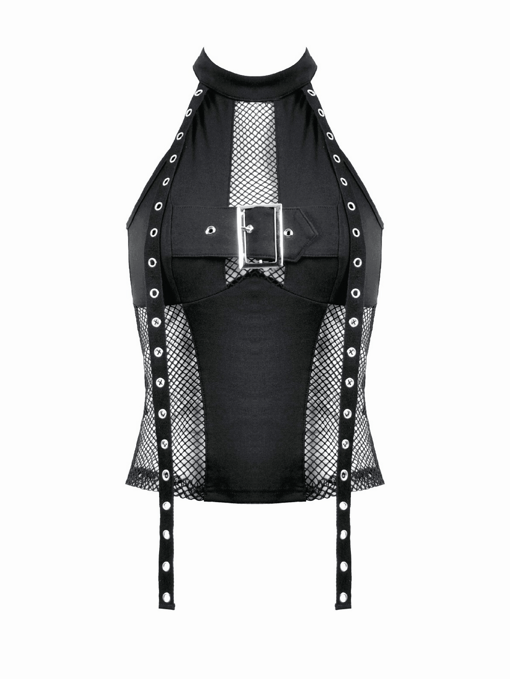 Goth Halter Crop Top with Mesh Panels and Buckle featuring fishnet sides and a bold buckle for a punk edge.