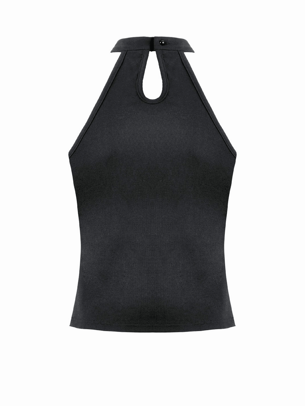 Goth Halter Crop Top with Mesh Panels and Buckle showcasing sleek design with a keyhole neck and harness styling.