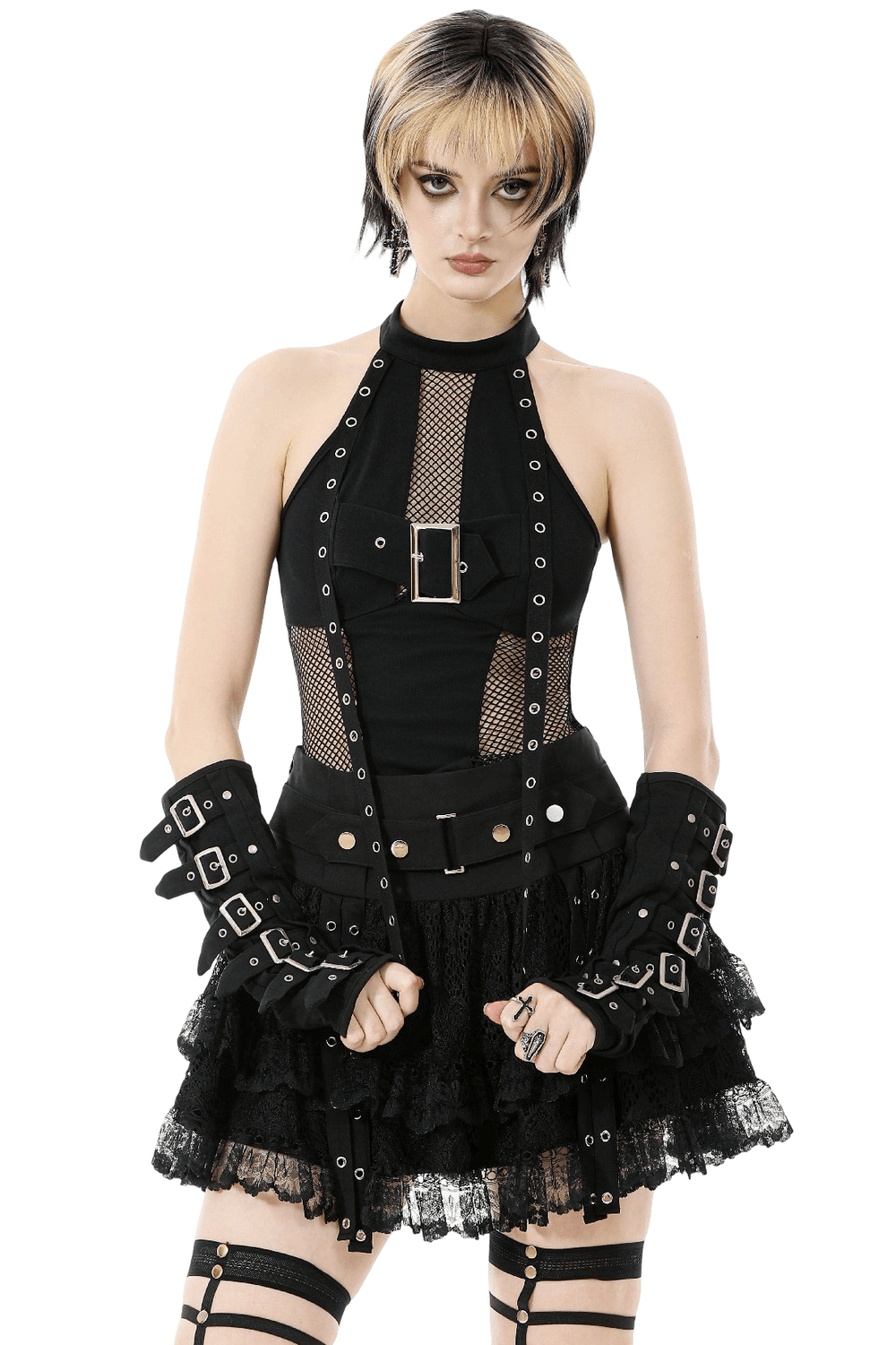 Goth Halter Crop Top with Mesh Panels and Buckle styled with a punk harness, fishnet sides, and layered accessories.