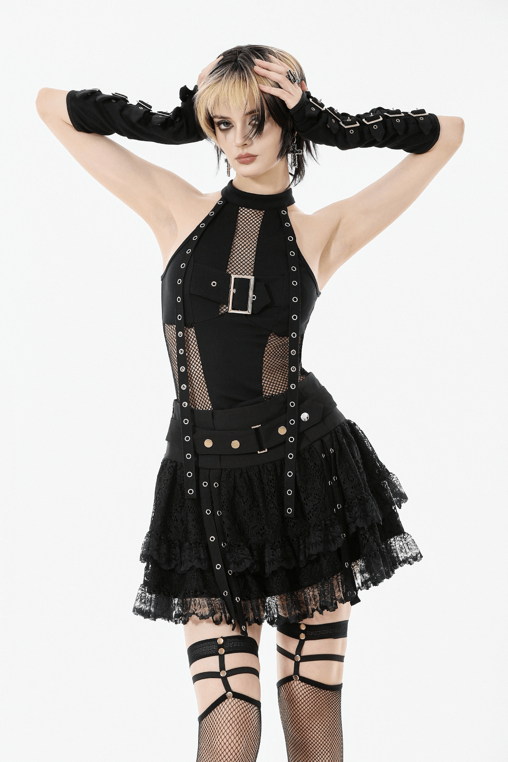 Goth Halter Crop Top with Mesh Panels and Buckle showcased in a punk style with fishnet accents and bold buckles.