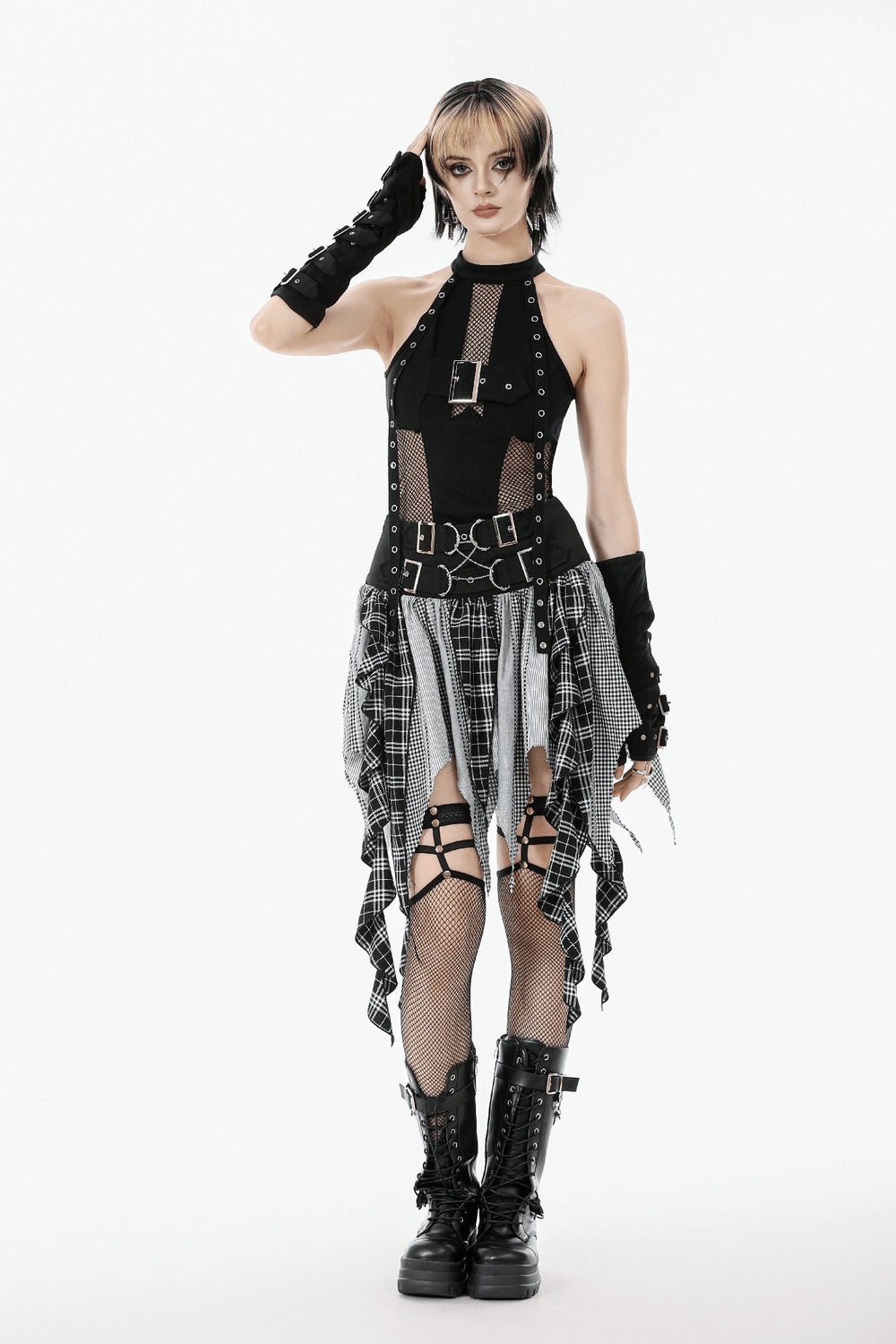 Goth Halter Crop Top with Mesh Panels and Buckle styled with a punk skirt and accessories, perfect for edgy fashion fans.