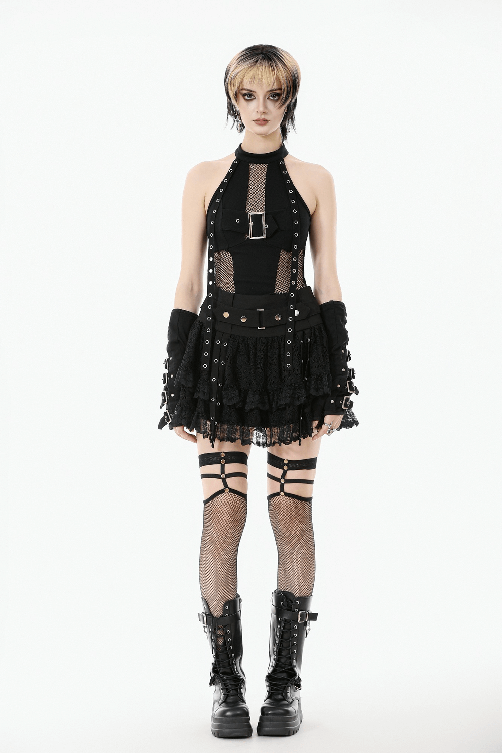 Goth Halter Crop Top with Mesh Panels and Buckle worn with punk accessories for an edgy streetwear look.