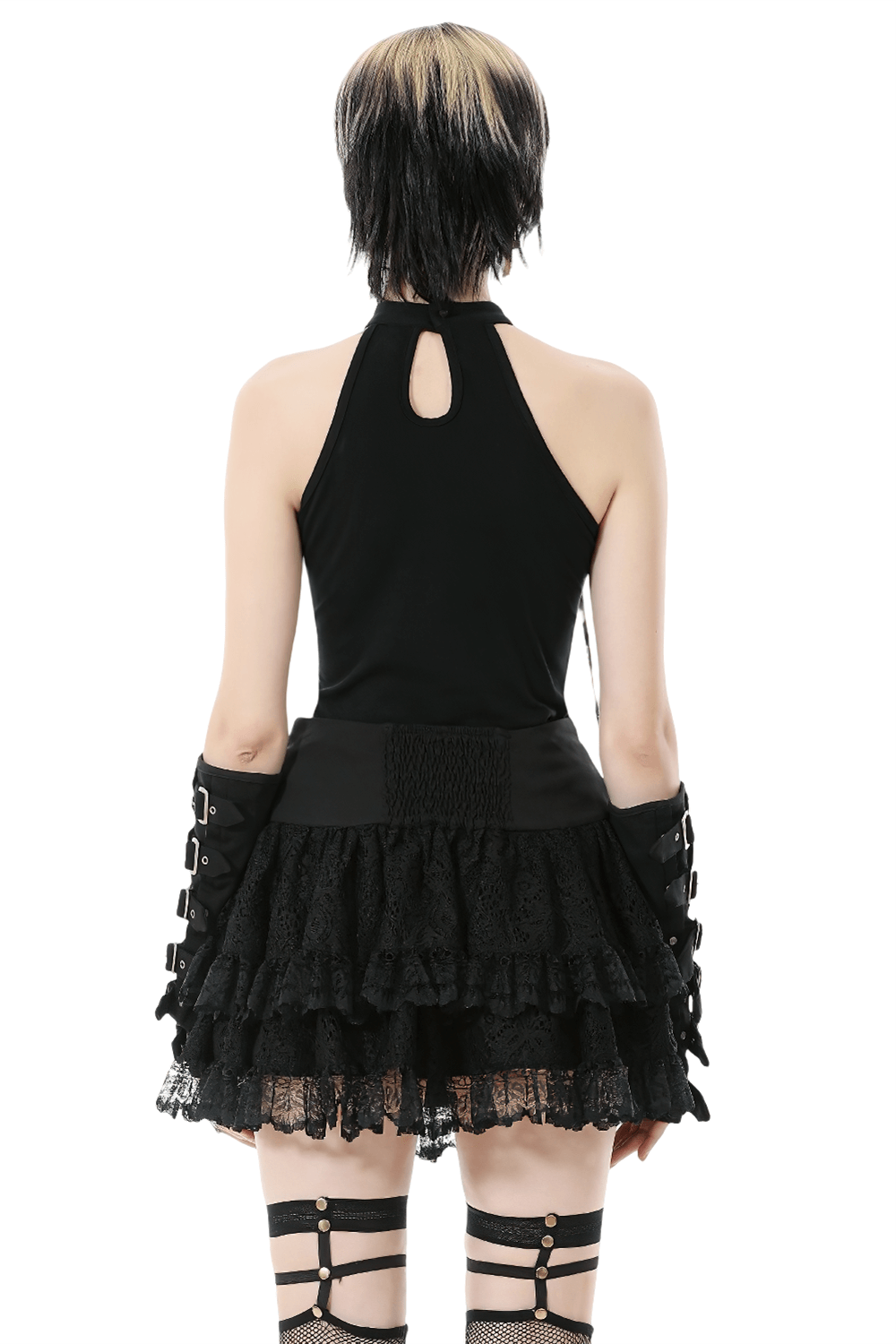 Goth Halter Crop Top with Mesh Panels and Buckle worn with a layered lace skirt, showcasing a punk style.