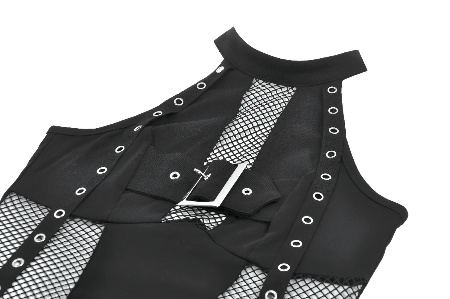 Goth Halter Crop Top with Mesh Panels and Buckle featuring fishnet sides and eyelet trim for a punk edge.