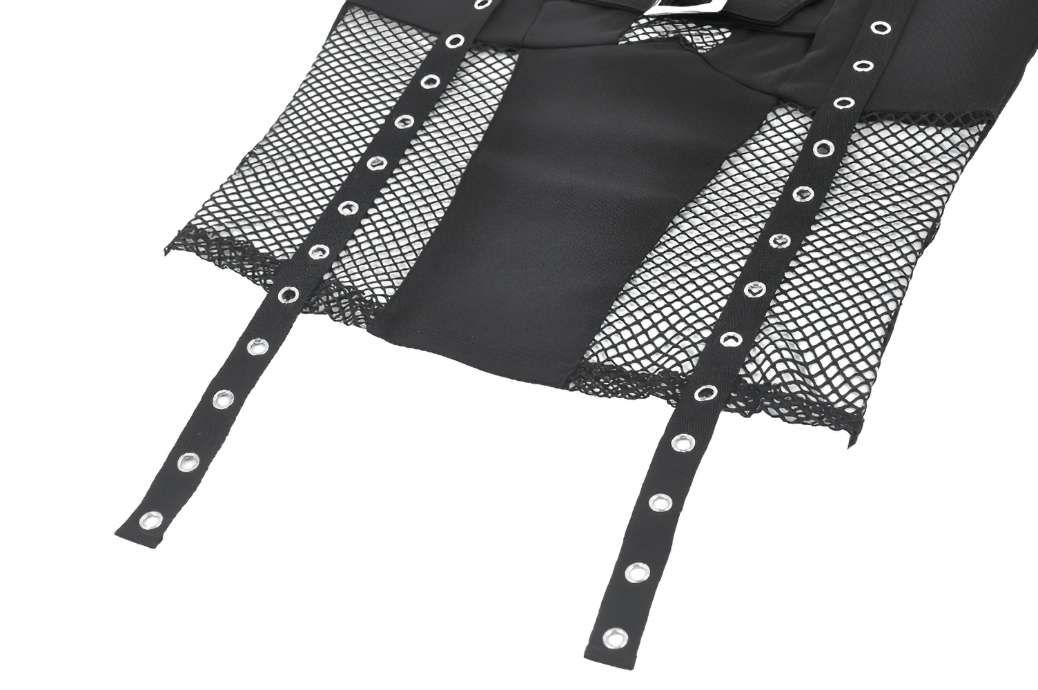 Goth Halter Crop Top with Mesh Panels and Buckle showcasing fishnet sides, eyelet trim, and bold metal buckles.