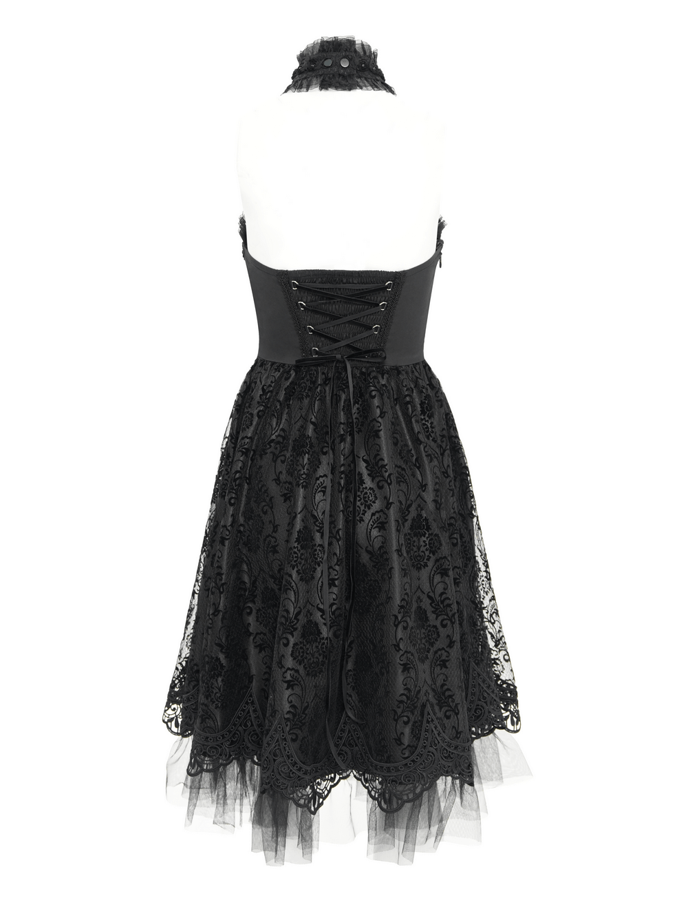Back view of goth halter dress with lace overlay and tulle skirt, showcasing corset details and gothic neckpiece.