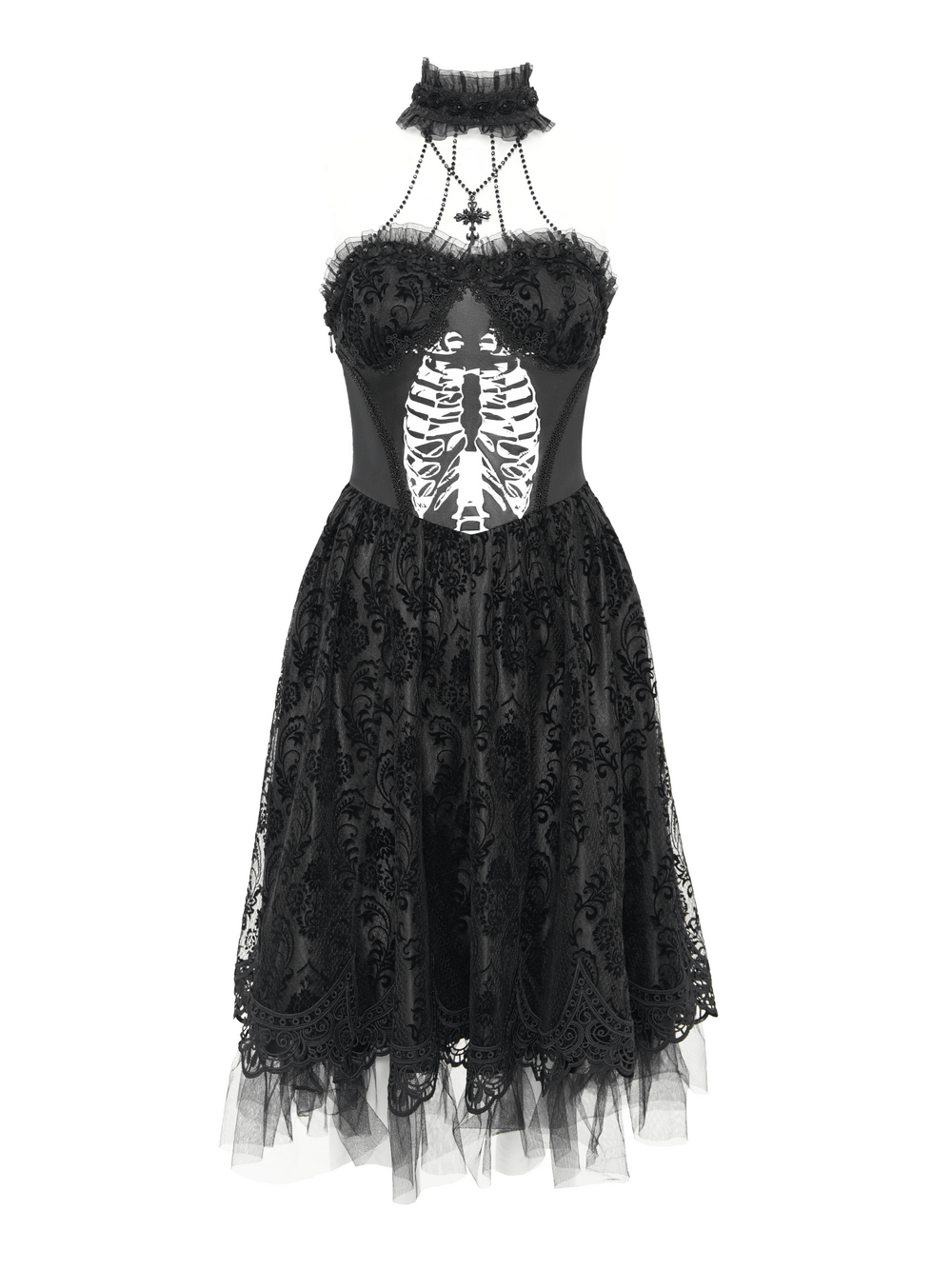 Goth halter dress with lace overlay, tulle skirt, and ribcage print for alternative fashion lovers.