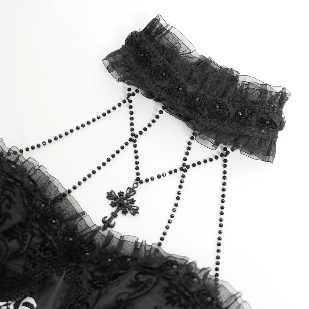 Gothic neckpiece with lace overlay and bead chains, perfect for adding dark elegance to a halter dress.