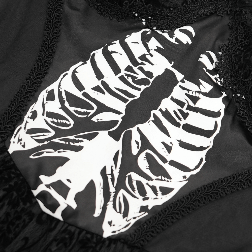 Close-up of the goth halter dress showcasing the striking white ribcage print on the corset bodice.