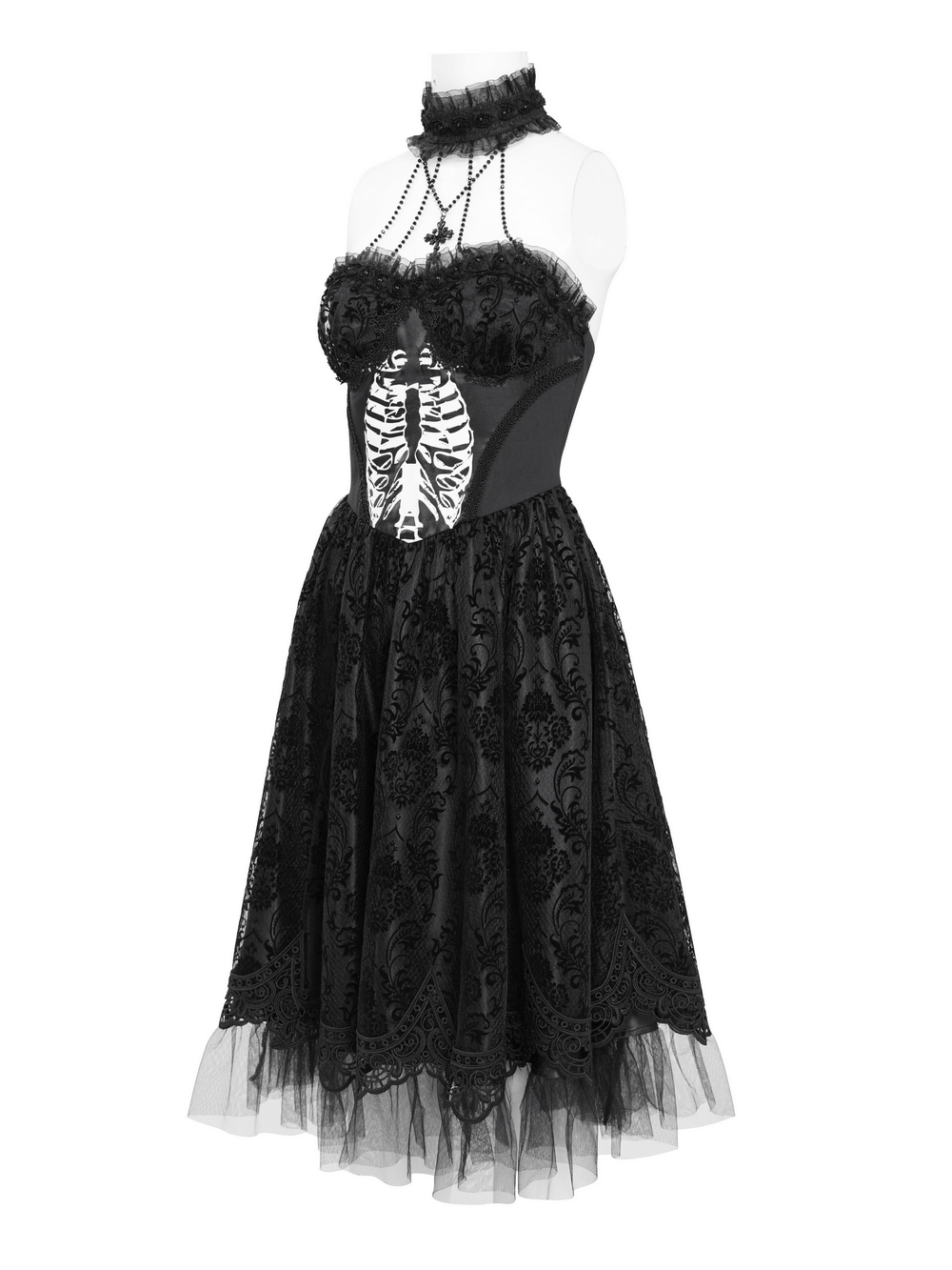 Goth halter dress with lace overlay, tulle skirt, and ribcage print for an edgy, romantic look.
