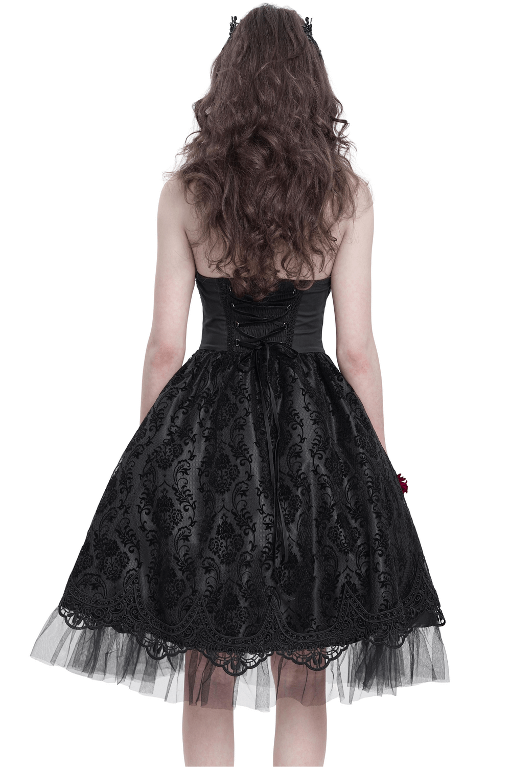 Back view of a gothic halter dress with lace overlay and tulle skirt, perfect for dark romantic fashion.