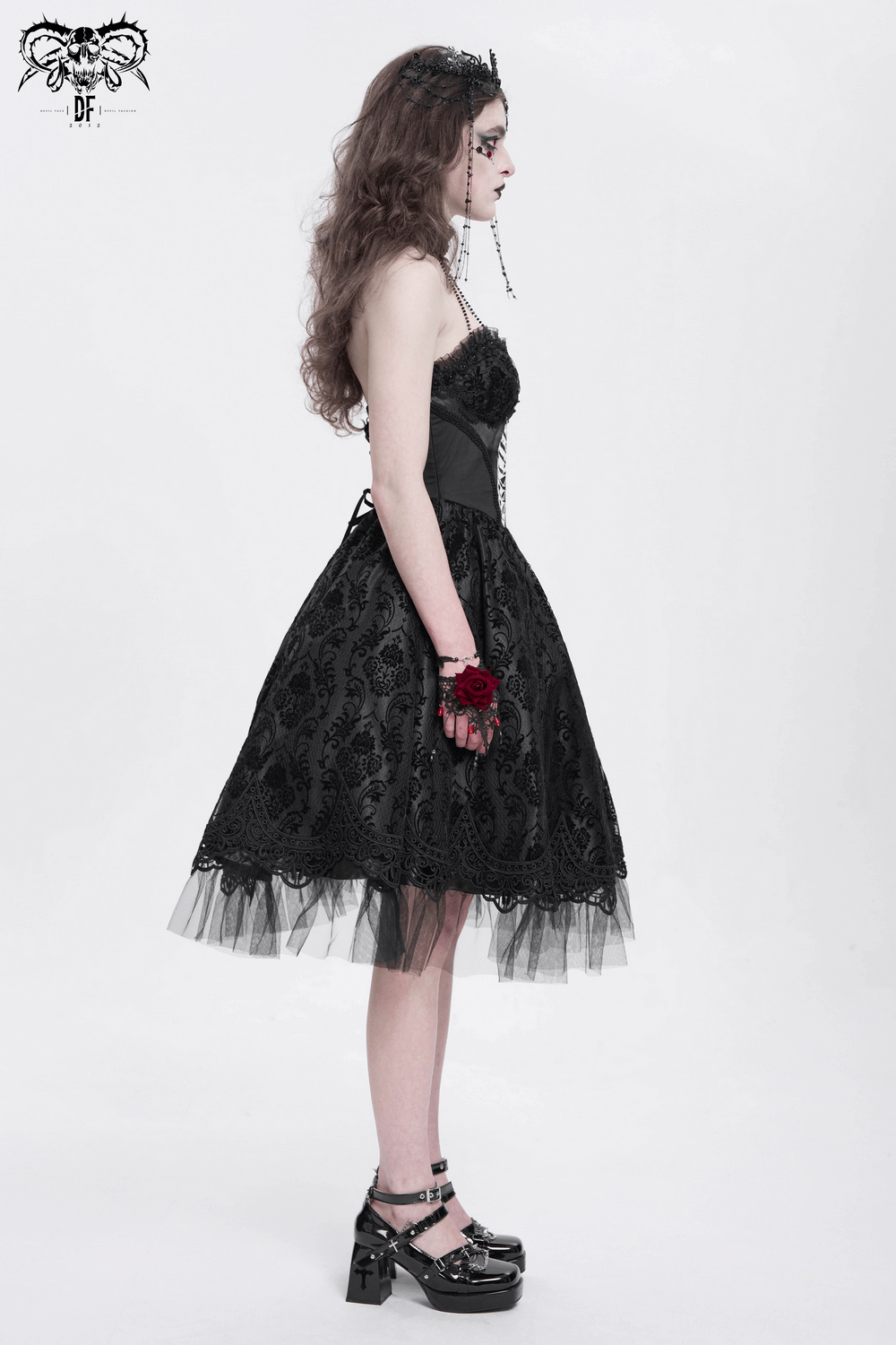 Goth halter dress with lace overlay and tulle skirt, perfect for alternative fashion and Halloween events.