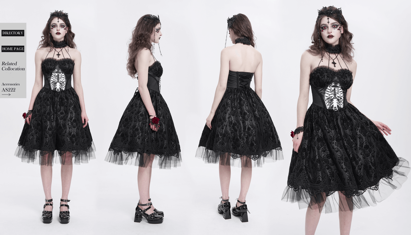 Goth halter dress with lace overlay, tulle skirt, and ribcage print; ideal for alternative fashion and Halloween events.