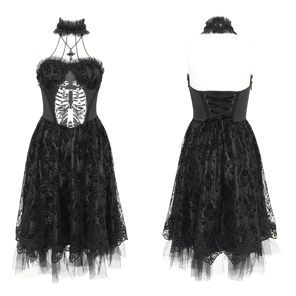 Goth halter dress featuring ribcage print, lace overlay, and tulle skirt for alternative fashion lovers.