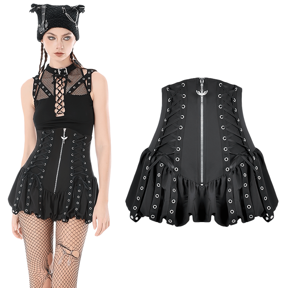 Goth High Waist Corset Balloon Shorts with Zipper showcasing lace-up details and grommet hardware.