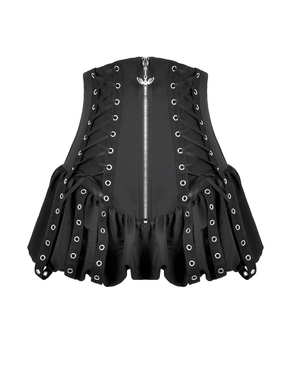 Goth High Waist Corset Balloon Shorts with Zipper featuring lace-up design and grommet hardware.