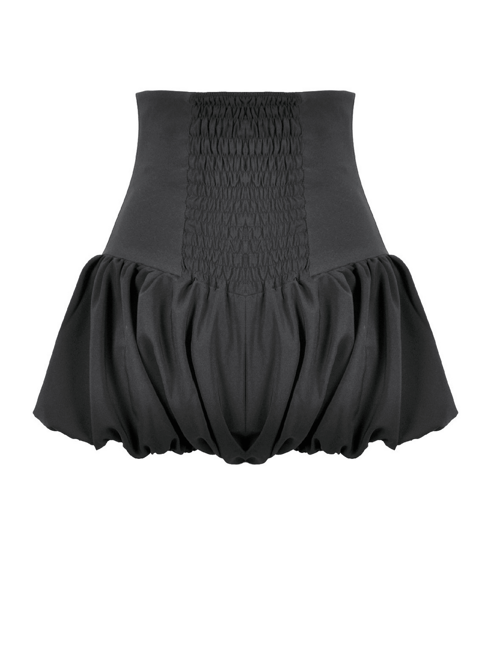 Goth High Waist Corset Balloon Shorts with Zipper featuring a smocked rear and dramatic bubble bustle hem.