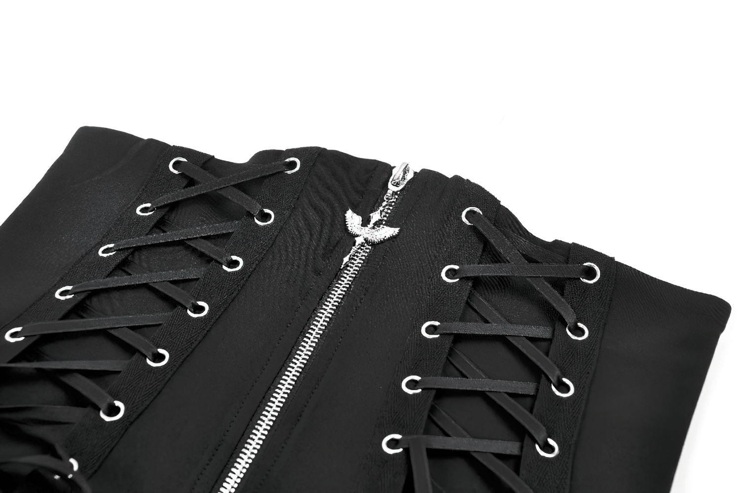 Goth High Waist Corset Balloon Shorts with Zipper showcasing lace-up detail and bold zipper.