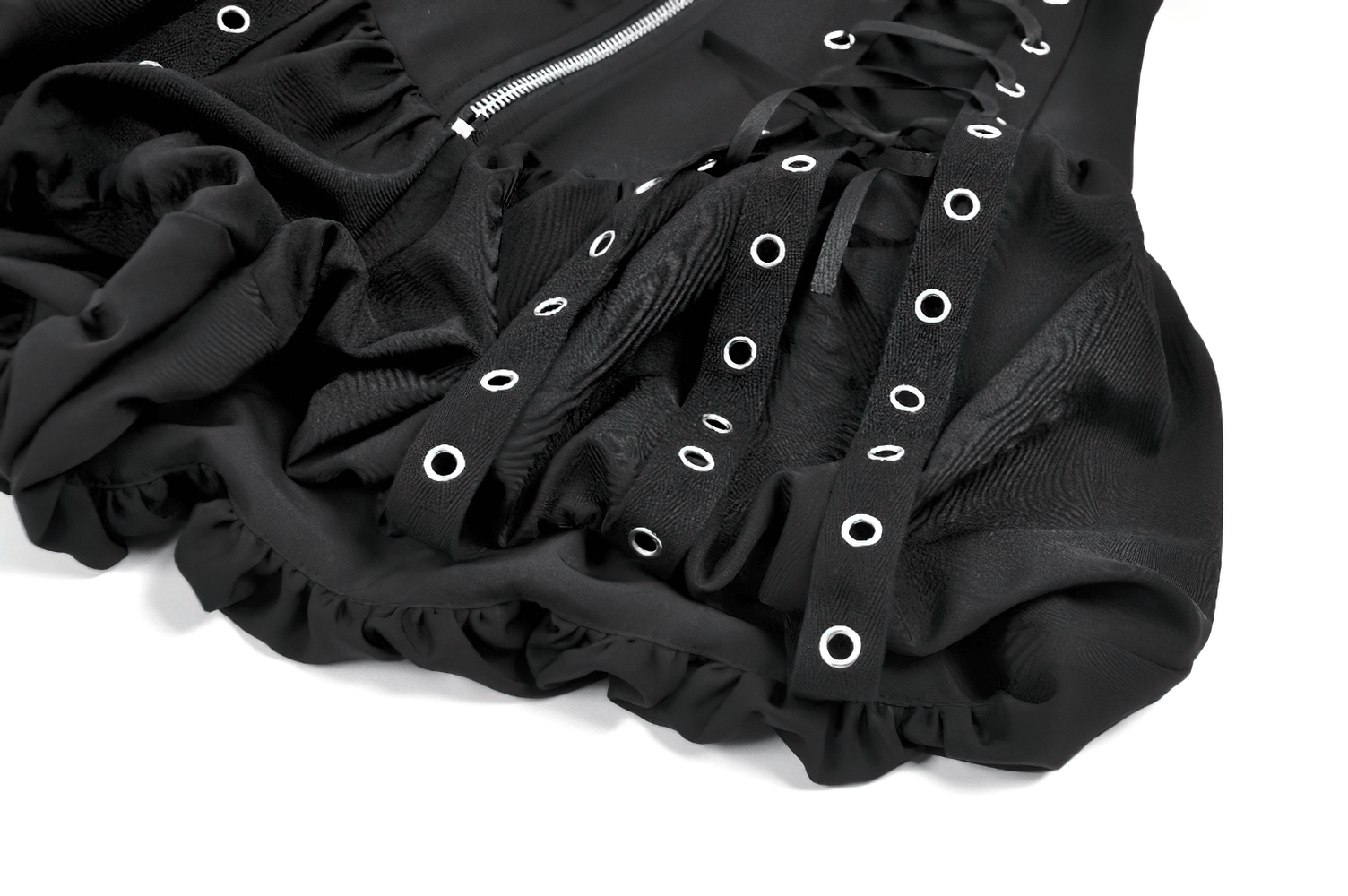 Goth High Waist Corset Balloon Shorts with Zipper featuring lace-up side panels and grommet hardware details.