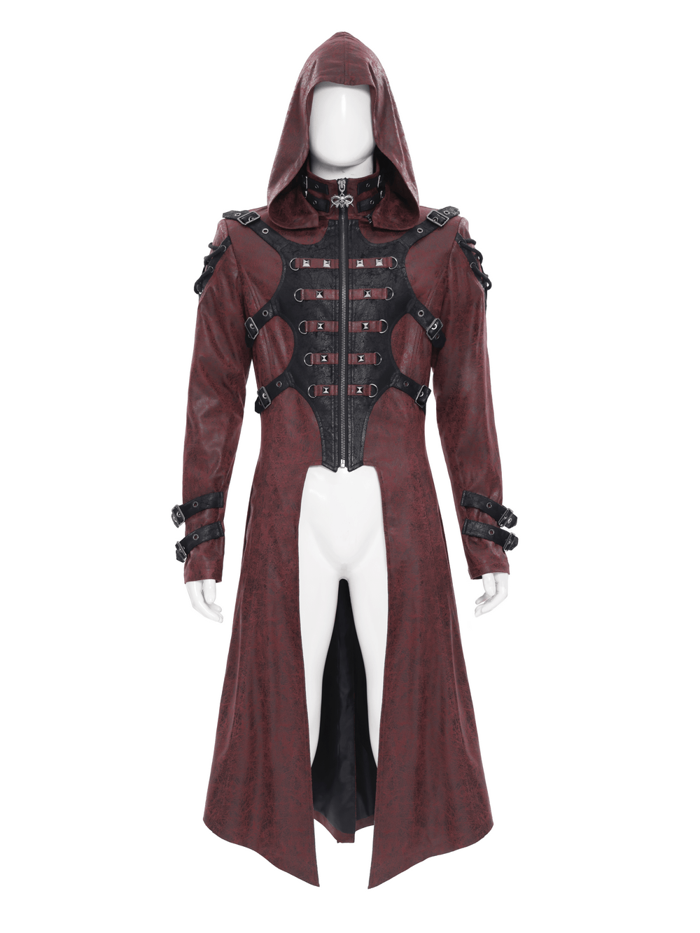 Goth Hooded Long Coat with Buckle Harness Details for Men, featuring corset straps and a dramatic hood.
